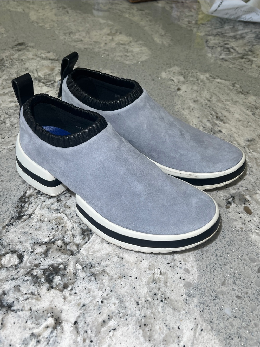Stuart Weitzman SW-612 Suede Slip On Sock Sneakers Dove Tail Gray Blue Sz 7 EUC